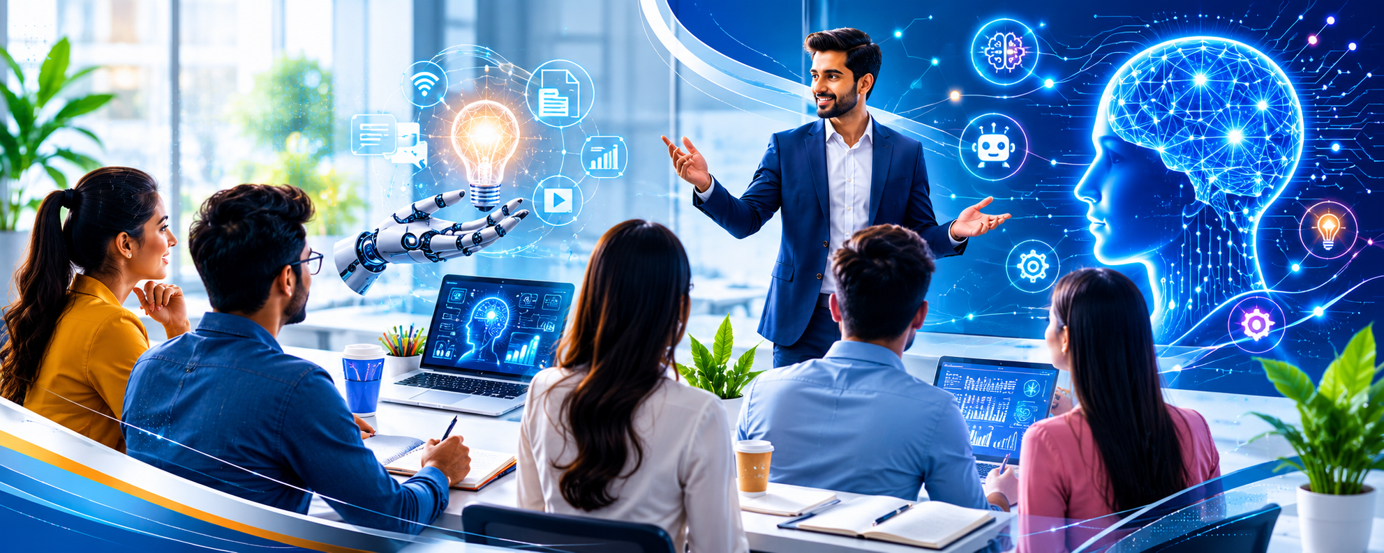 AI workshop session with trainer and participants learning practical artificial intelligence tools for education, business productivity, digital marketing and professional development